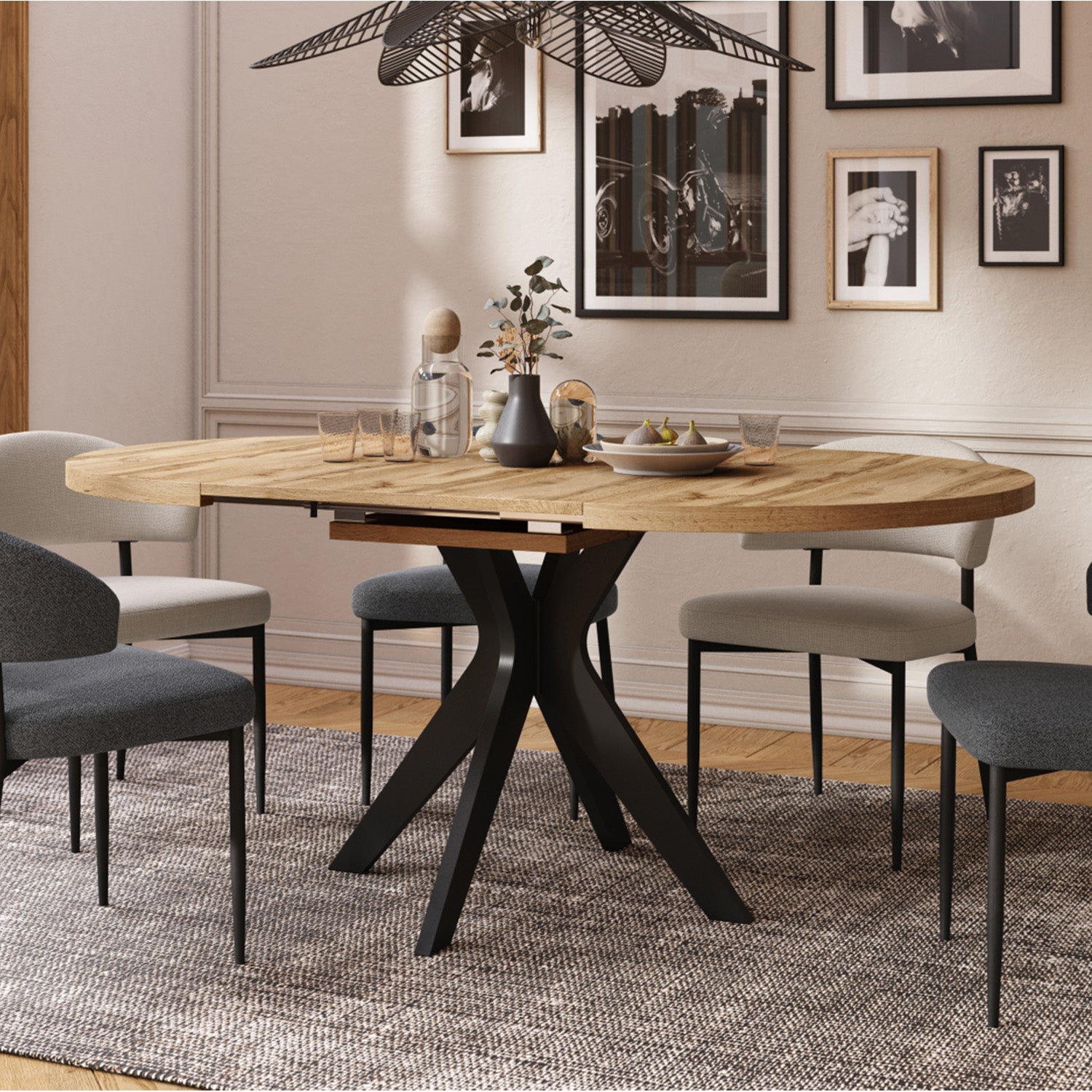 Renzo Extending Modern Dining Table – Wotan Oak / Black Matt