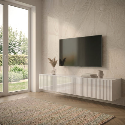 Joyce Wall Mounted TV Unit Modern Fluted Gloss Finish 200cm - White Gloss
