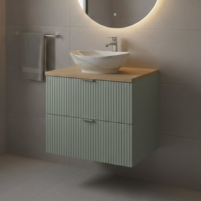 Line Reed 2 Drawer Bathroom Cabinet Vanity Unit 60cm with Worktop Basin - Sage / Oak