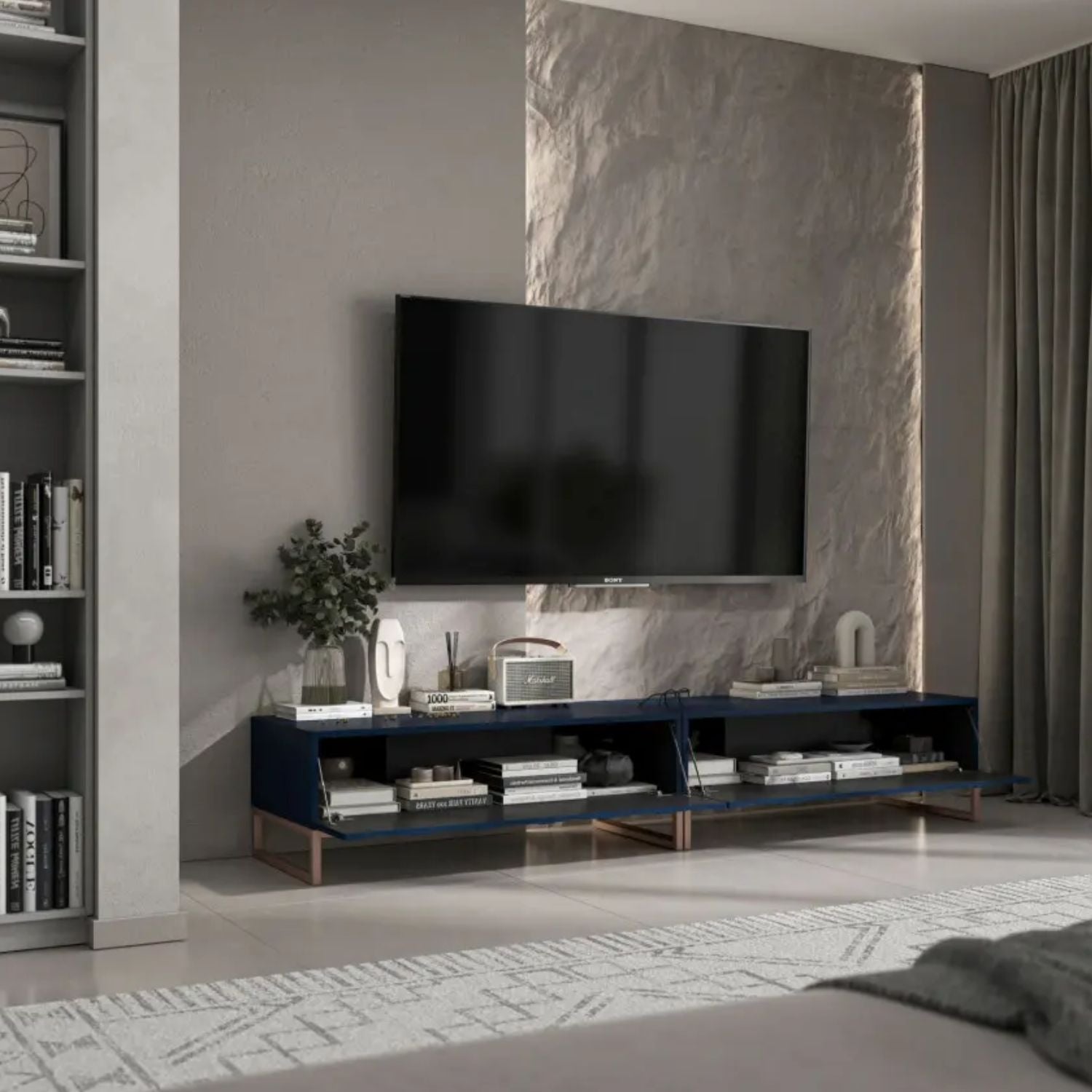 Elpis Glamour TV Sideboard 220 cm TV Unit Navy Matt / Copper Frame