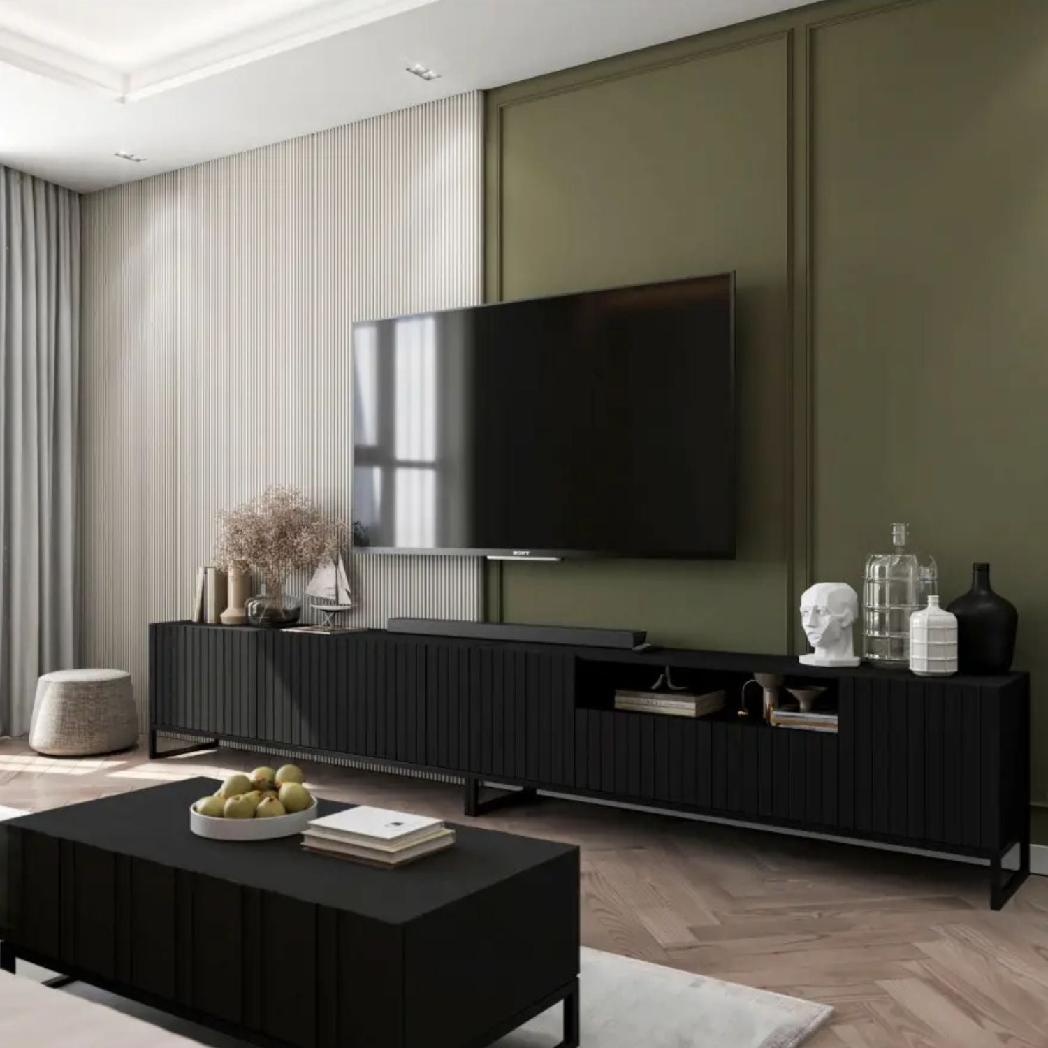 Elpis Glamour TV Cabinet Media Unit Extra Long 300 cm - Black Matt / Black Frame