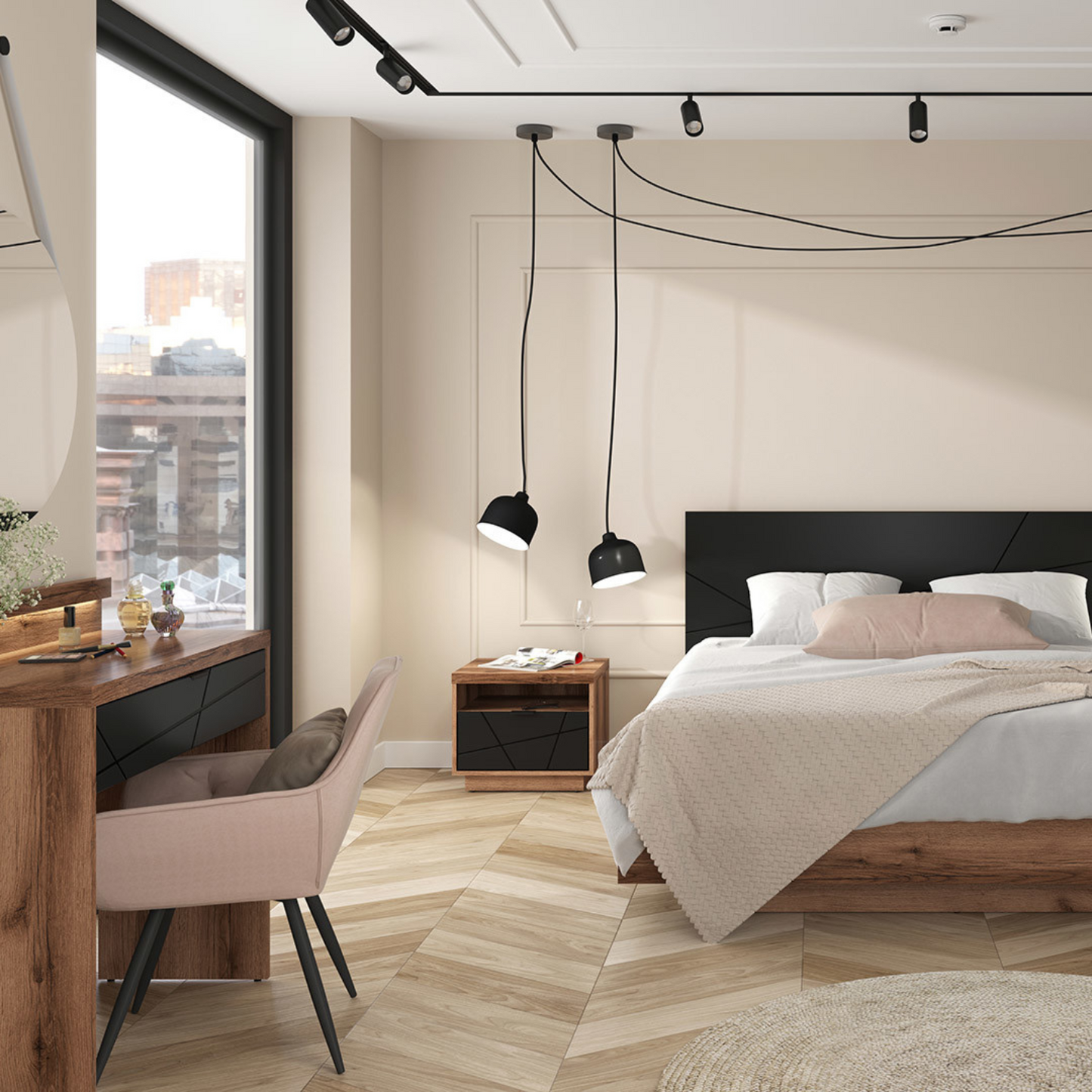 Faisa Dressing Table with Drawer and Light - Dark Delano Oak / Black Matt