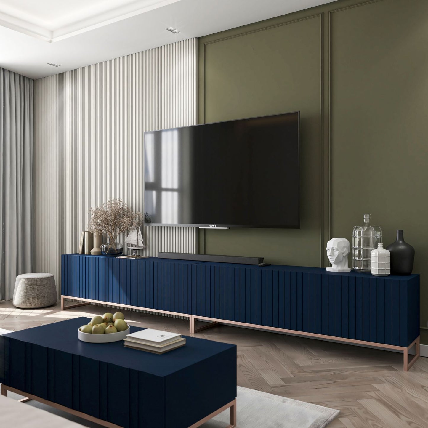 Elpis Glamour TV Cabinet Media Unit Extra Long 300 cm - Navy Matt / Copper Frame