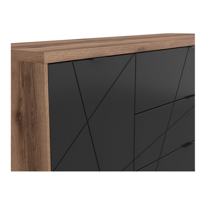 Faisa Chest of Drawers 156cm with Doors and 3 Drawers - Dark Delano Oak / Black Matt