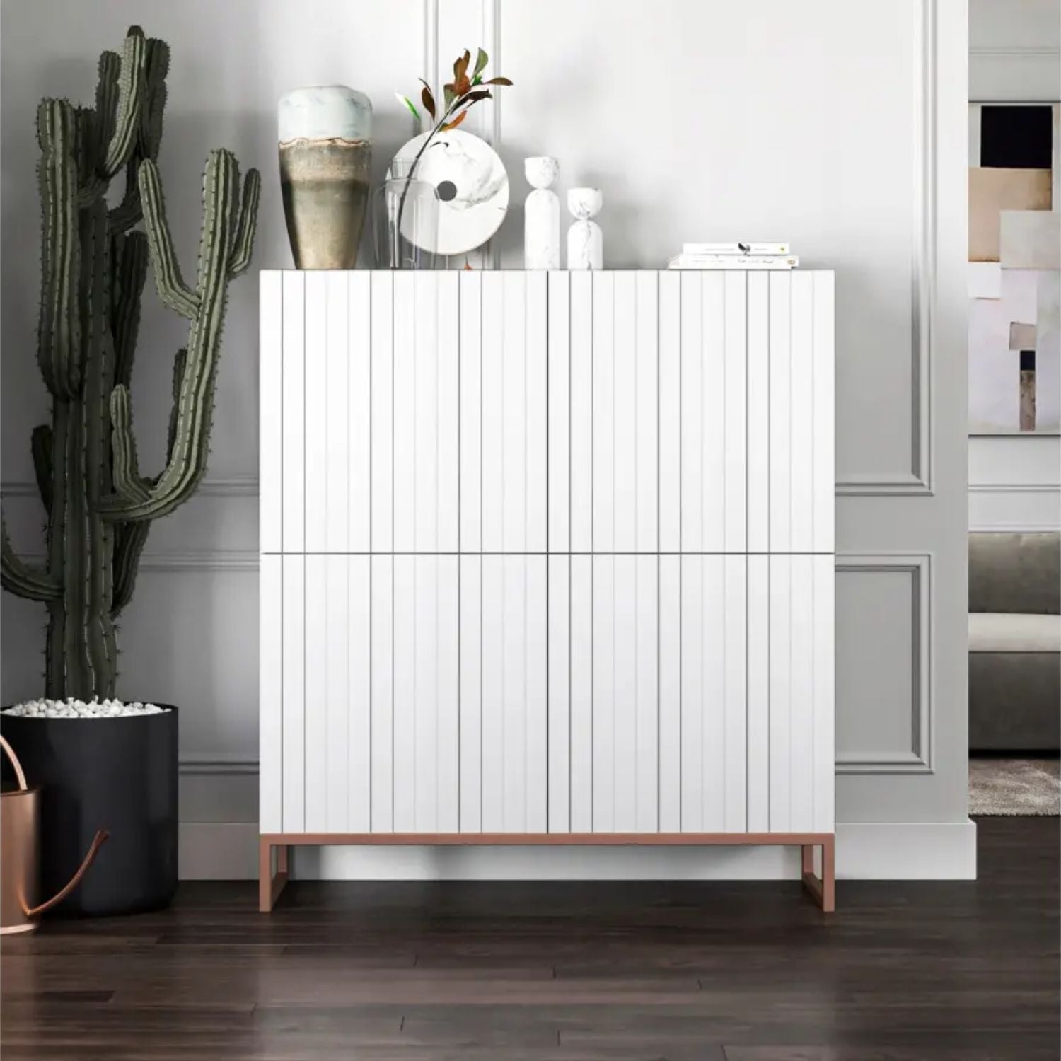 Elpis Glamour Sideboard Push-to-Open Cabinet - White Matt / Copper Frame