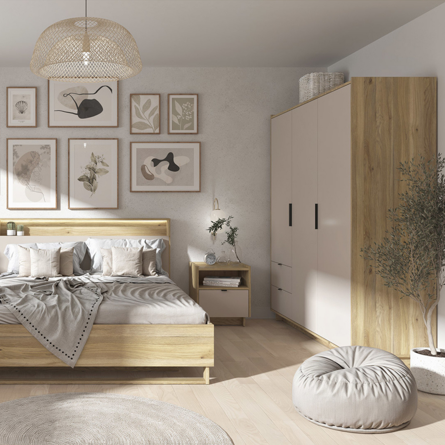 Davina 3 Door Wardrobe 180cm with 2 Drawers - Mauvella Oak / Cashmere