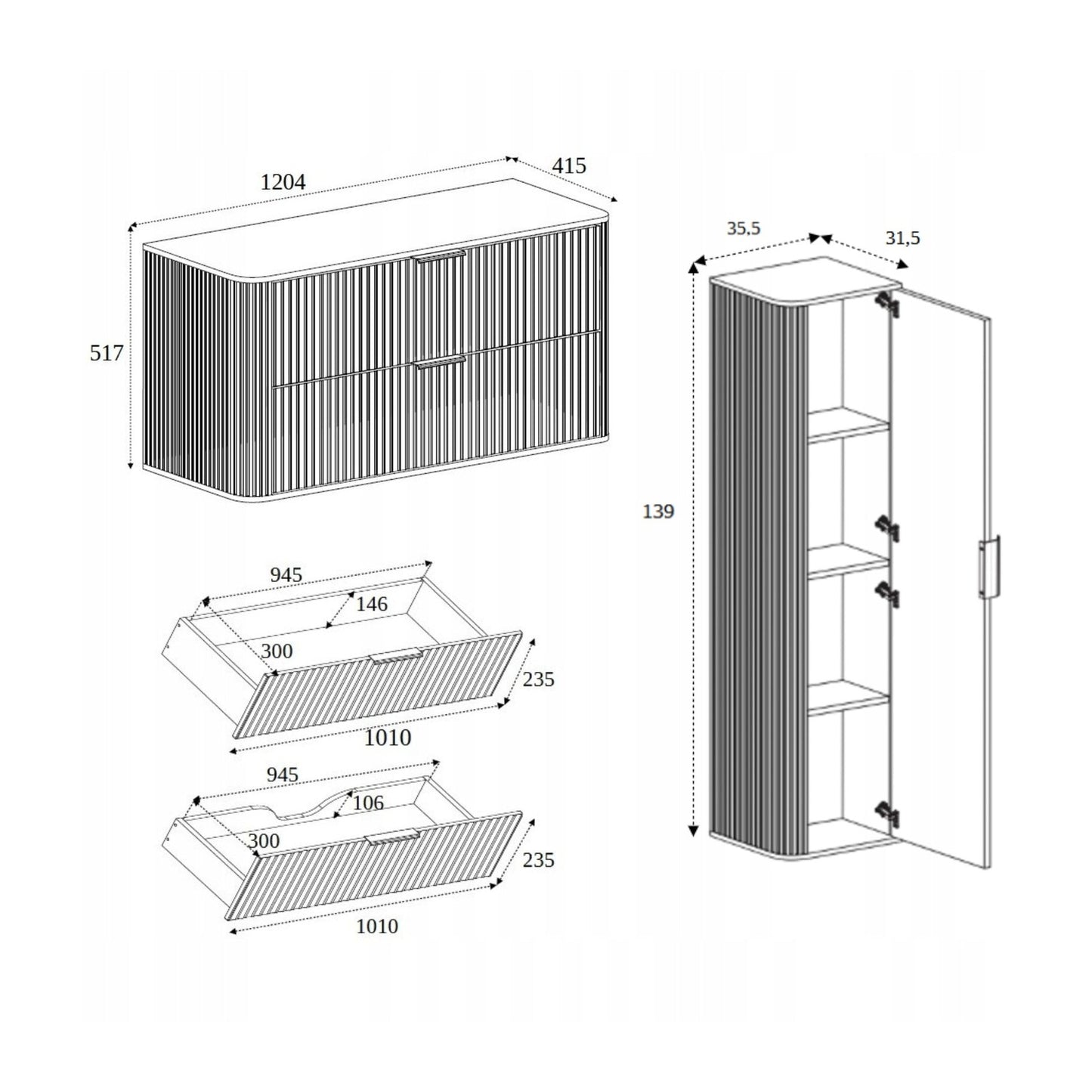 Elegance Glamour Style 2 Bathroom Wall Cabinets Set 35cm & 120cm - Cashmere