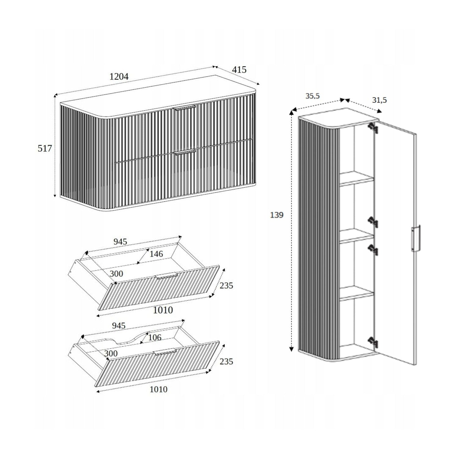 Elegance Glamour Style 2 Bathroom Wall Cabinets Set 35cm & 120cm - Cashmere