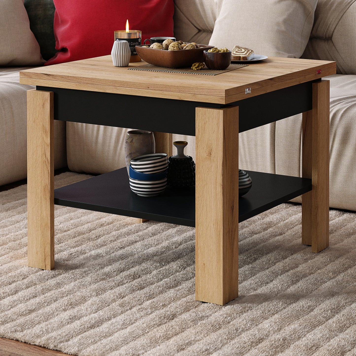 Leo Modern Extending Coffee Table - Gold Craft Oak / Black Matt