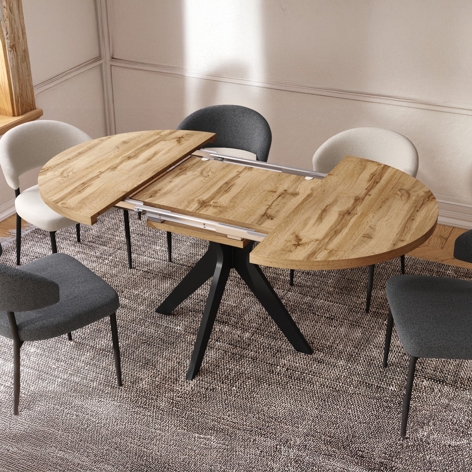 Renzo Extending Modern Dining Table – Wotan Oak / Black Matt