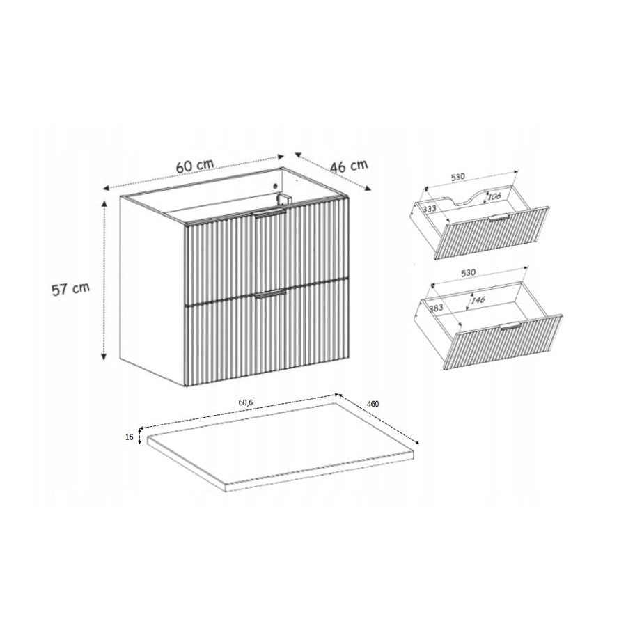 Flow 2 Drawer Bathroom Vanity Cabinet 60 cm with Worktop - Black