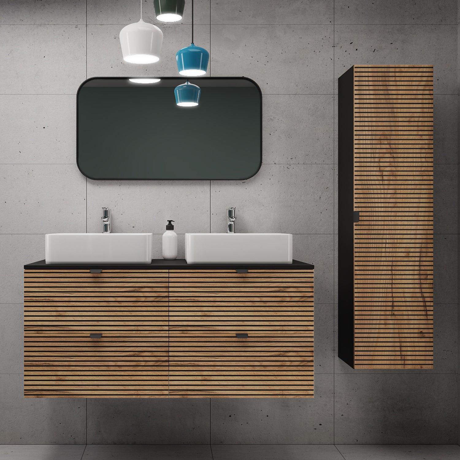 Loft Modern Style Ribbed Door Bathroom Cabines Vanity Units Set with Worktop 120cm & 35cm - Gold Craft Oak