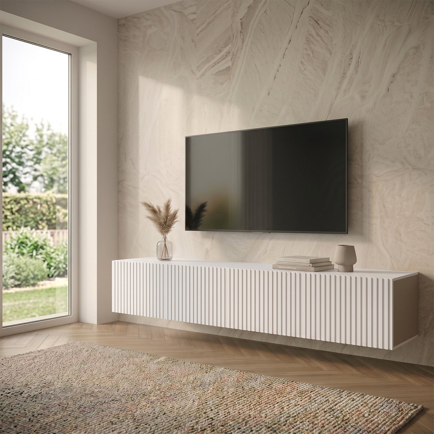 Joyce Wall Mounted TV Unit Modern Fluted Matt Finish 200cm - White Matt