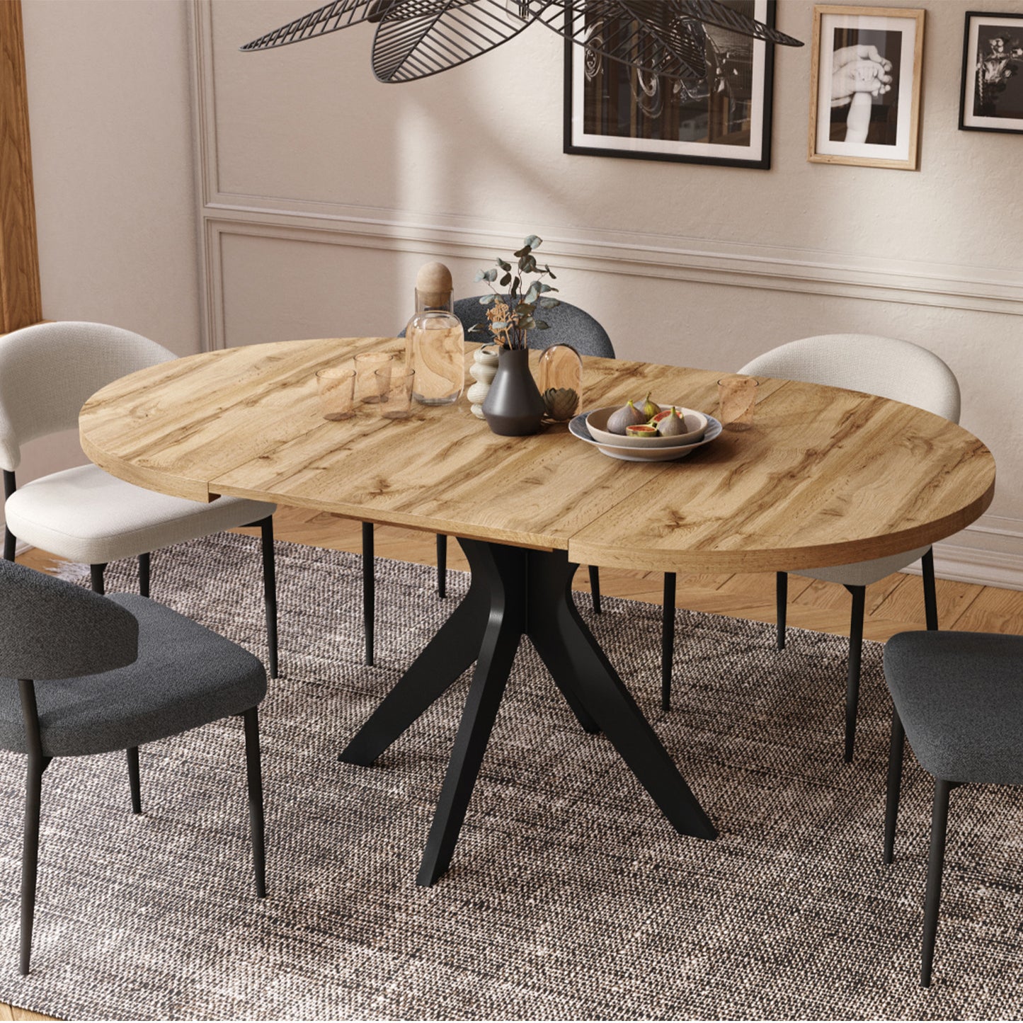 Renzo Extending Modern Dining Table – Wotan Oak / Black Matt