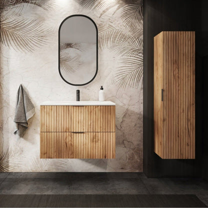 Flow Wall-Mounted 2 Bathroom Vanity Cabinets Set 80cm with Worktop - Gold Craft Oak