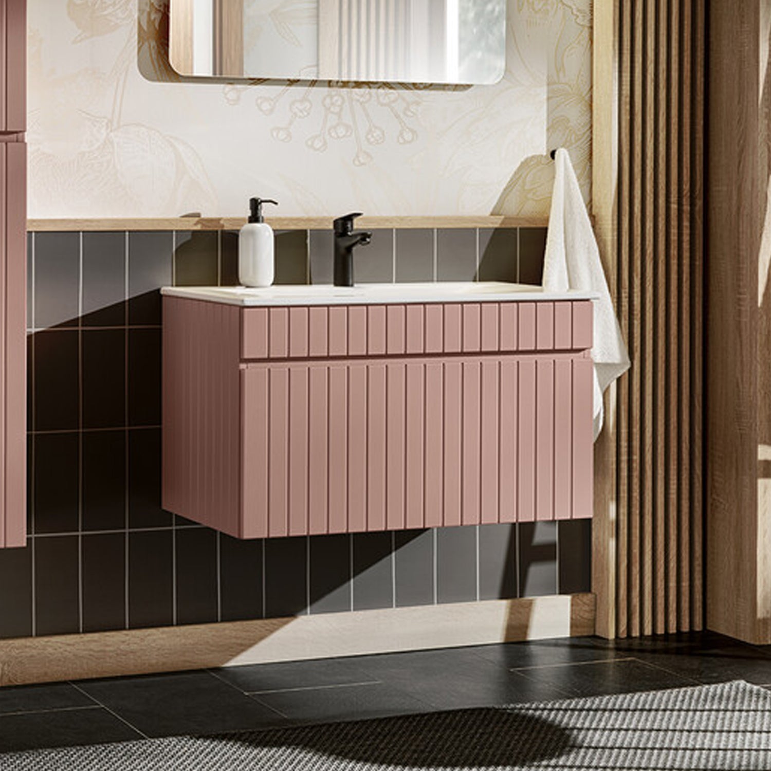 Iconic 80cm 1 Drawer Wall Mounted Bathroom Cabinet Vanity Unit with Built In Basin - Rose