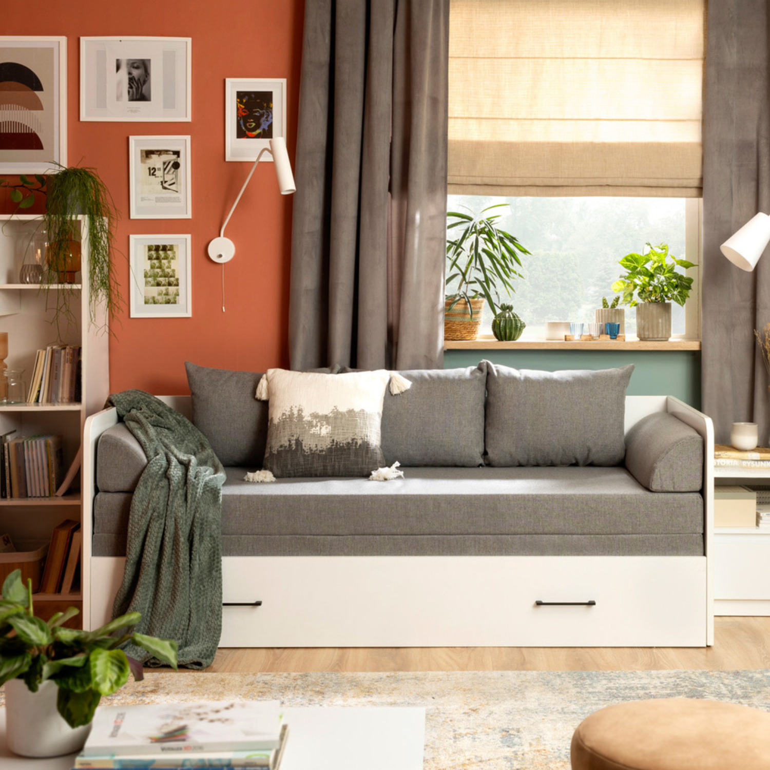 Exter Folding Bed with Container Mattress and Pillows - White Matt / Grey