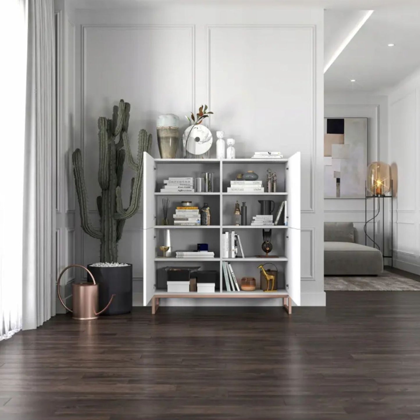 Elpis Glamour Sideboard Push-to-Open Cabinet - White Matt / Copper Frame