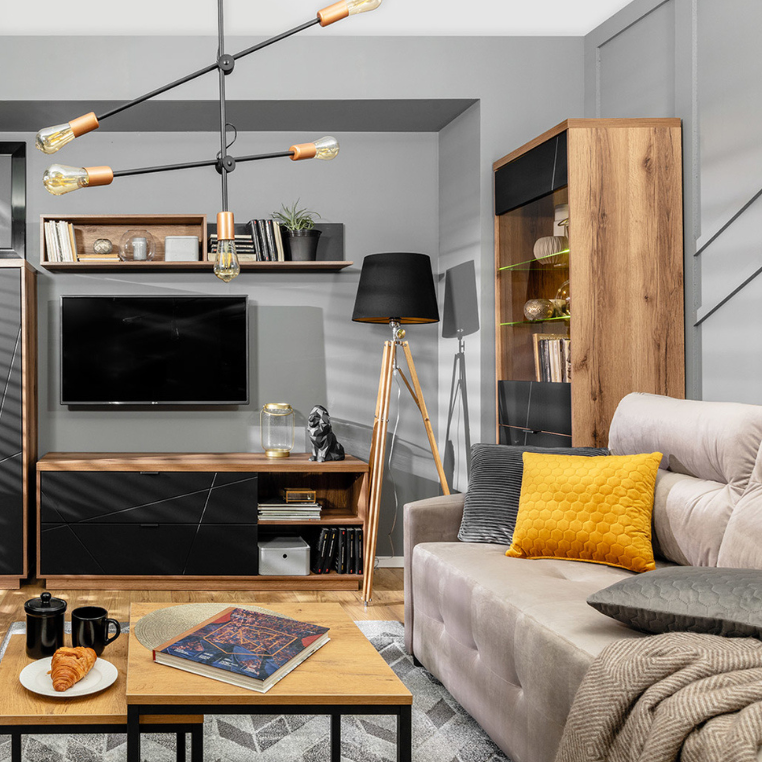 Faisa Display Cabinet 94cm with 3 Doors - Dark Delano Oak / Black Matt