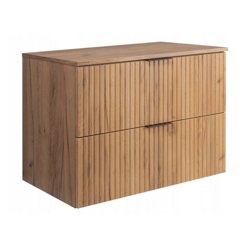 Flow Wall-Mounted 2 Drawer Bathroom Vanity Cabinet with Worktop 80cm - Gold Craft Oak