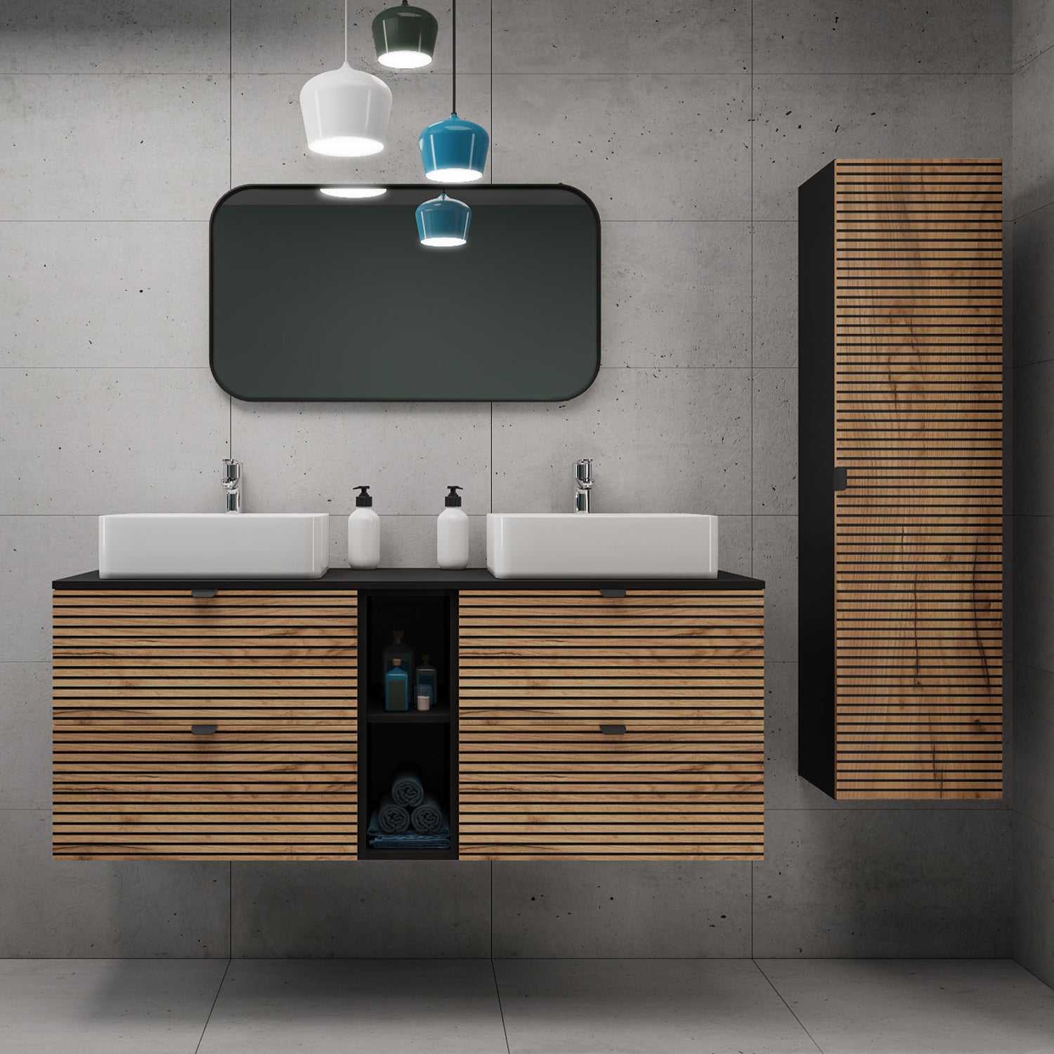 Loft Modern Style Ribbed Door Bathroom Cabines Vanity Units Set with Worktop 140cm & 35cm - Gold Craft Oak