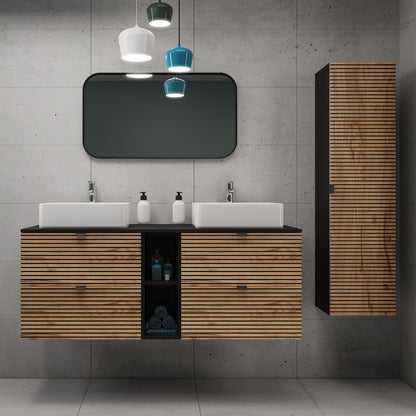 Loft Modern Style Ribbed Door Bathroom Cabines Vanity Units Set with Worktop 140cm & 35cm - Gold Craft Oak