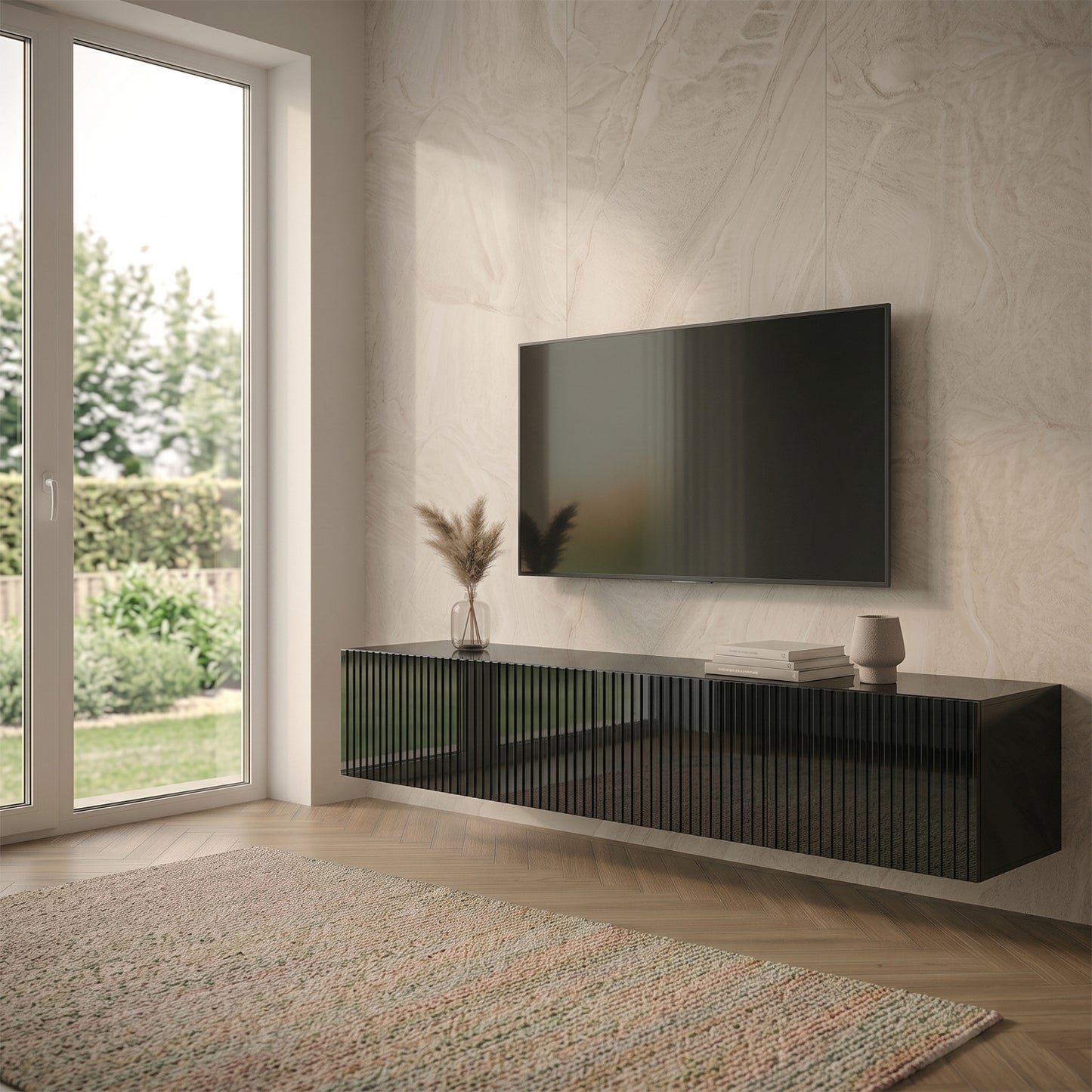 Joyce Wall Mounted TV Unit Modern Fluted Gloss Finish 200cm - Black Gloss