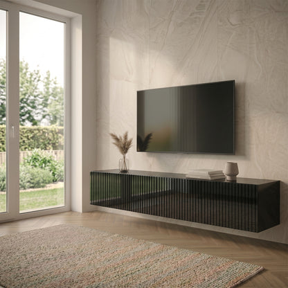 Joyce Wall Mounted TV Unit Modern Fluted Gloss Finish 200cm - Black Gloss