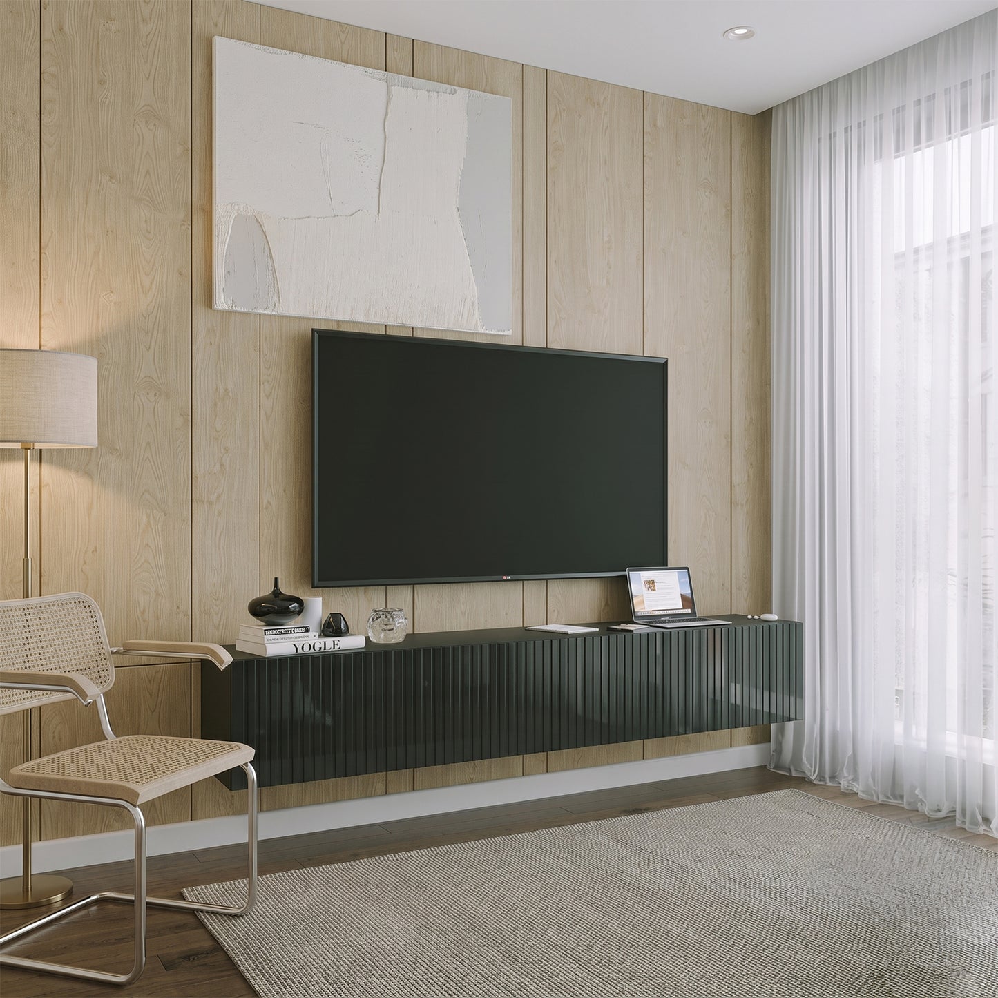 Joyce Wall Mounted TV Unit Modern Fluted Gloss Finish 200cm - Black Gloss