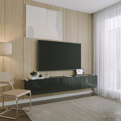 Joyce Wall Mounted TV Unit Modern Fluted Gloss Finish 200cm - Black Gloss