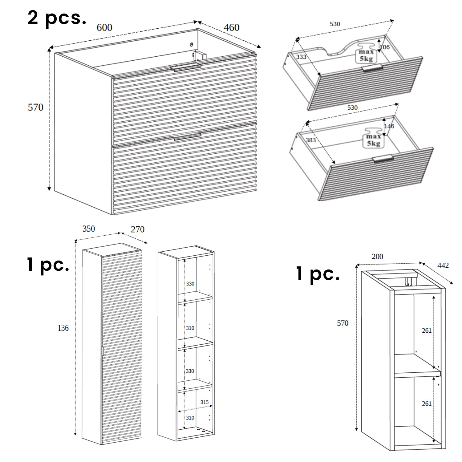 Loft Modern Style Ribbed Door Bathroom Cabines Vanity Units Set with Worktop 140cm & 35cm - Gold Craft Oak