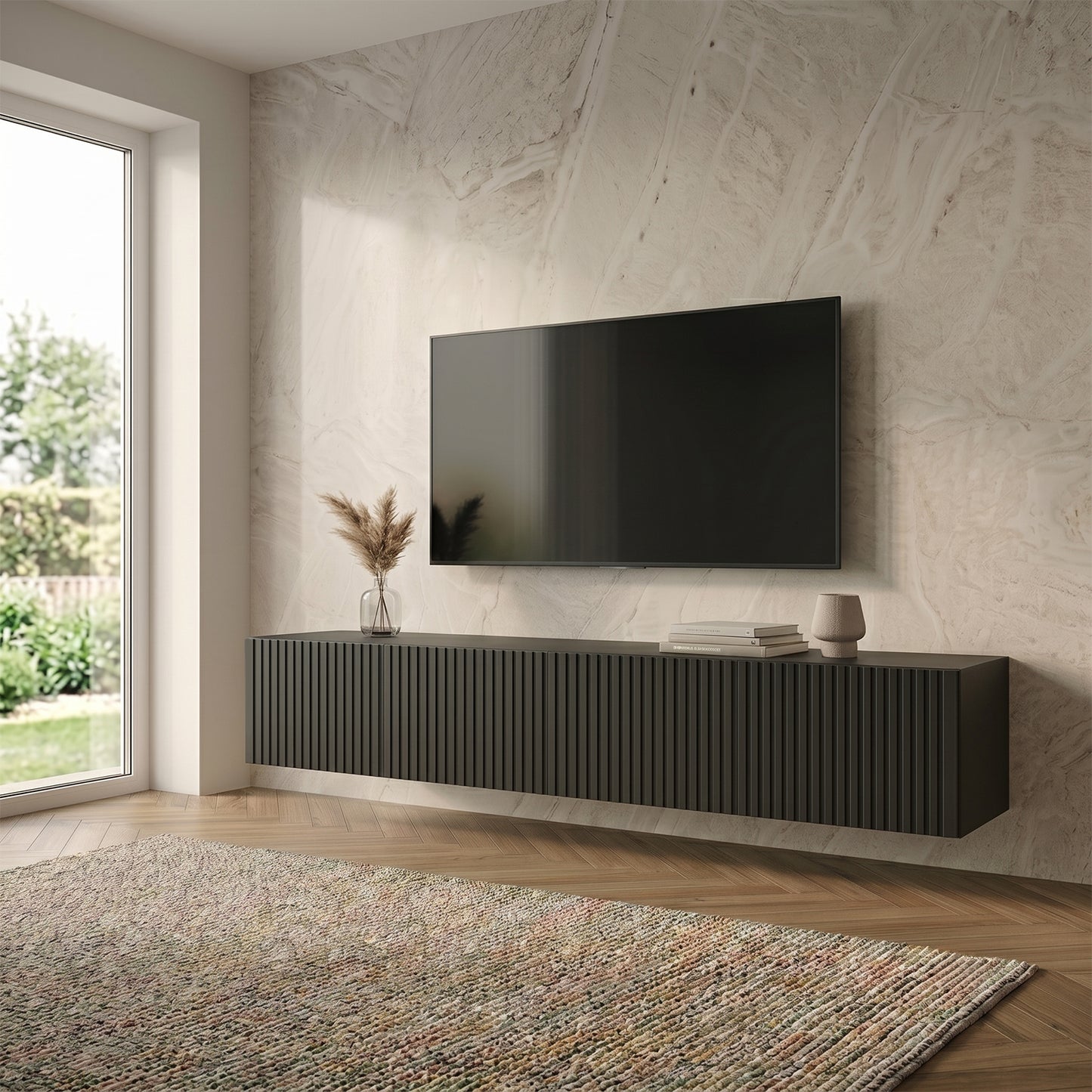 Joyce Wall Mounted TV Unit Modern Fluted Matt Finish 200cm - Black Matt
