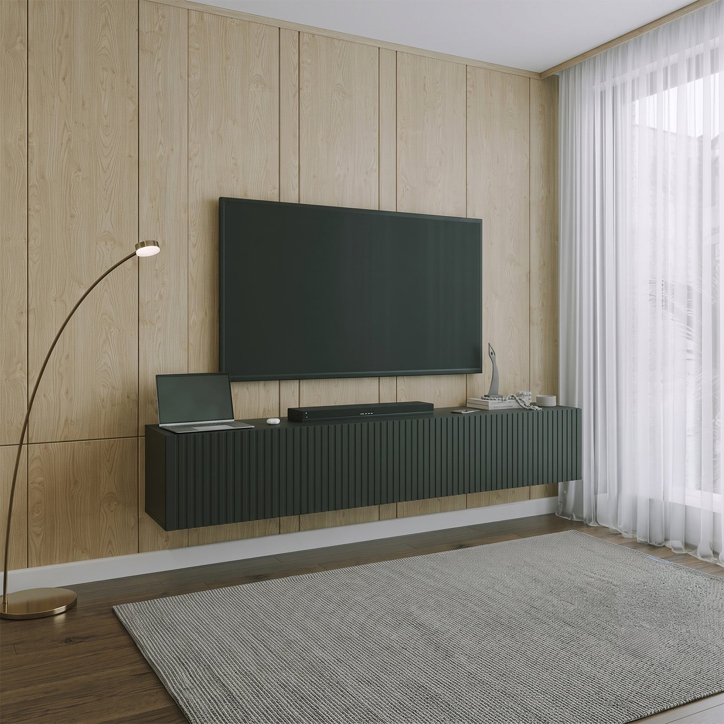 Joyce Wall Mounted TV Unit Modern Fluted Matt Finish 200cm - Black Matt