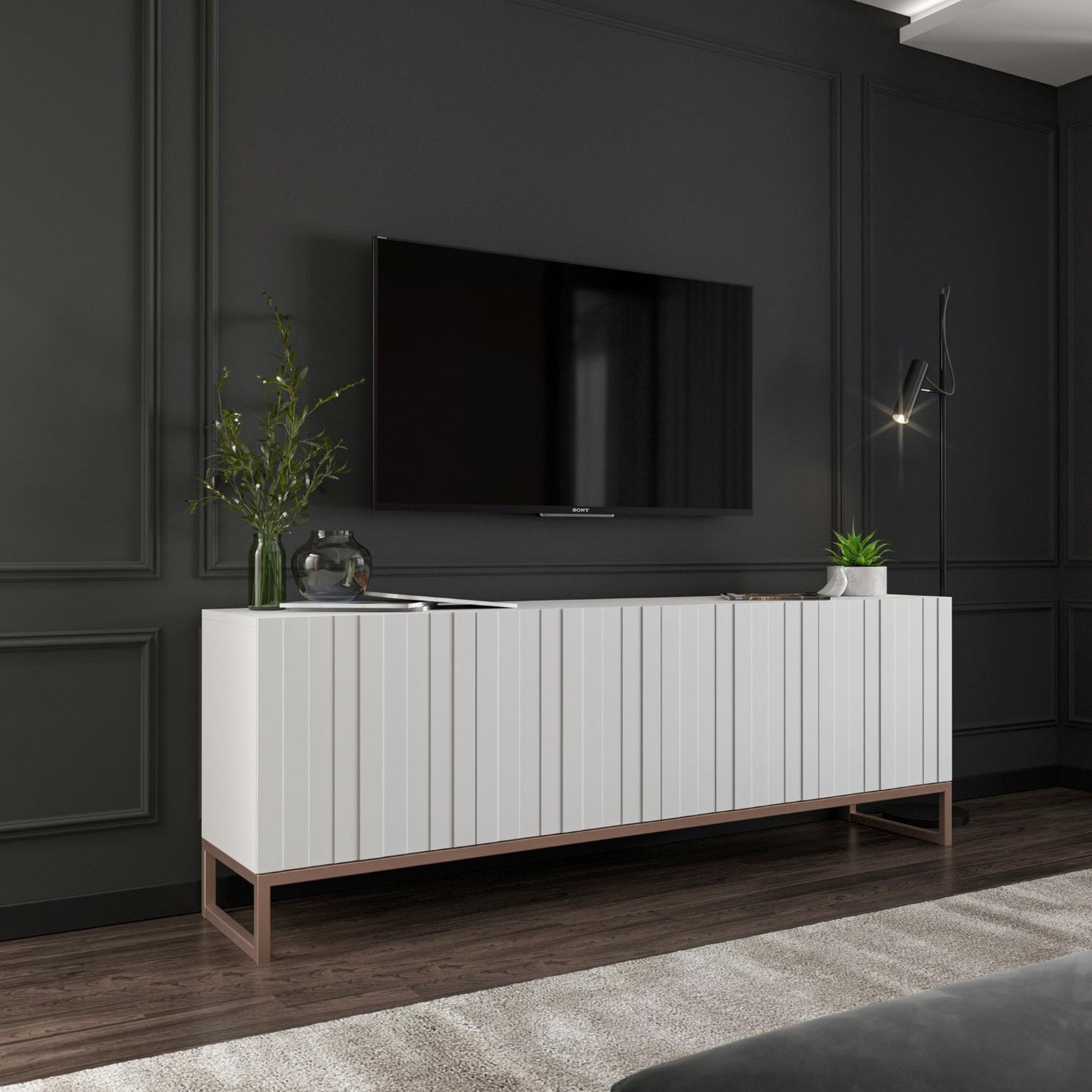 Elpis Glamour TV Cabinet Media Unit with Storage - White / Copper Frame