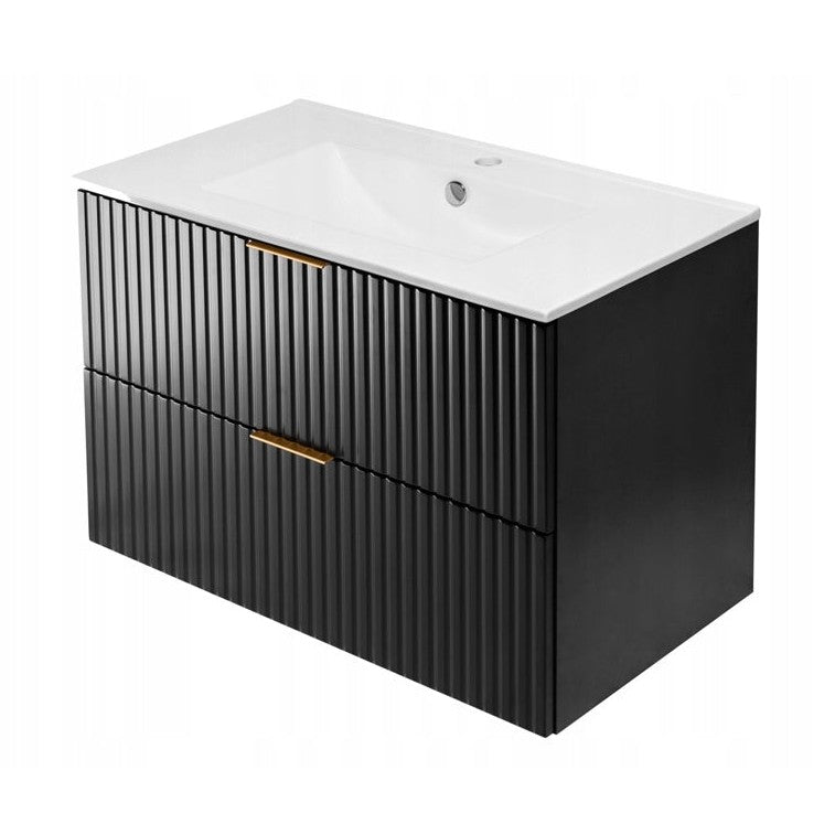 Flow Wall-Mounted 2 Drawer Bathroom Vanity Cabinet with Basin 80cm - Black