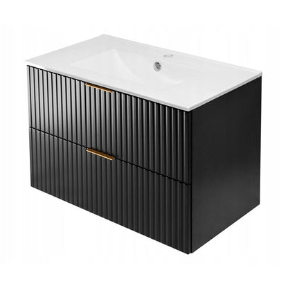 Flow Wall-Mounted 2 Drawer Bathroom Vanity Cabinet with Basin 80cm - Black