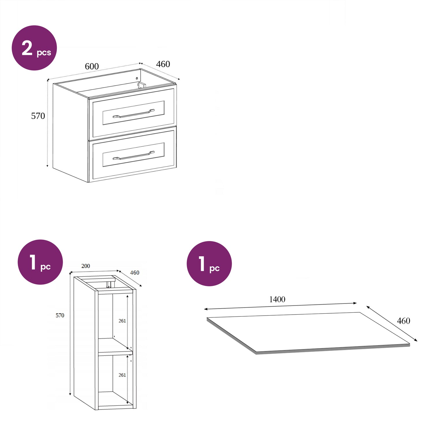 Classic 3 Cabinet Bathroom Vanity Unit Set 140cm with Worktop - White / Oak