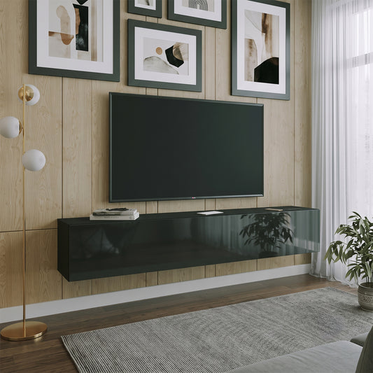 Joyce Wall Mounted TV Unit Modern Plain Gloss Finish 200cm - Black Gloss