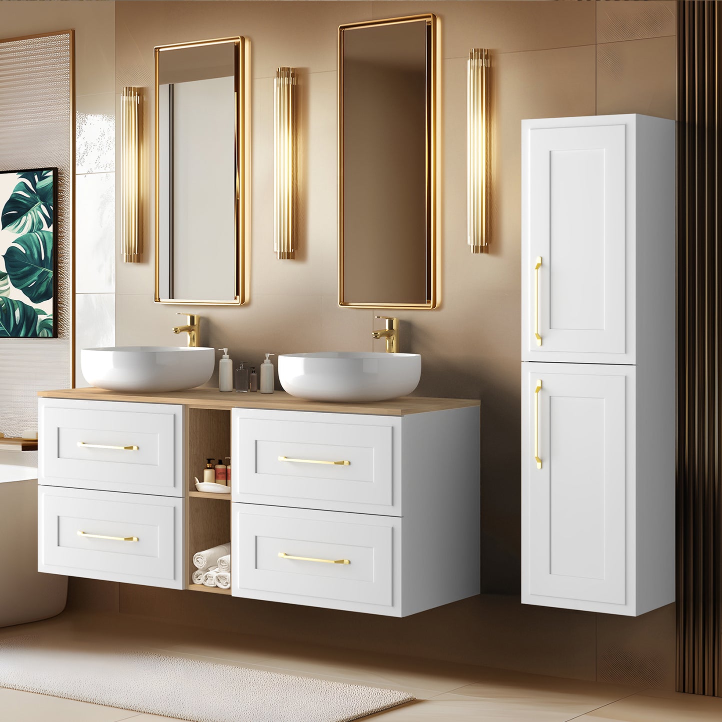 Classic 3 Cabinet Bathroom Vanity Unit Set 140cm with Tall Cabinet and Worktop - White / Oak