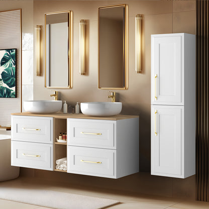 Classic 3 Cabinet Bathroom Vanity Unit Set 140cm with Tall Cabinet and Worktop - White / Oak