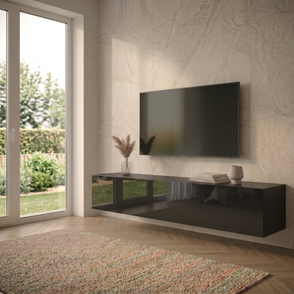 Joyce Wall Mounted TV Unit Modern Plain Gloss Finish 200cm - Black Gloss