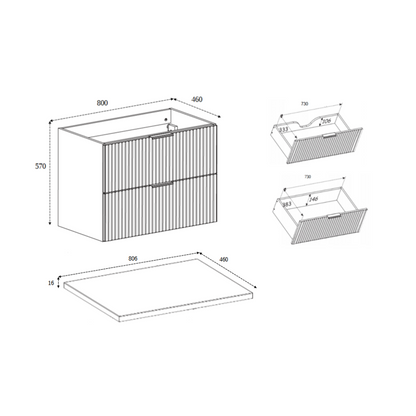 Flow Wall-Mounted 2 Bathroom Vanity Cabinets Set 80cm with Worktop - Gold Craft Oak
