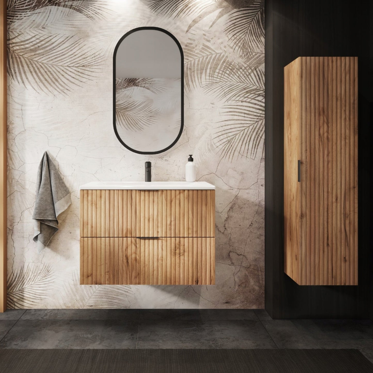 Flow Wall-Mounted 2 Drawer Bathroom Vanity Cabinet with Worktop 80cm - Gold Craft Oak
