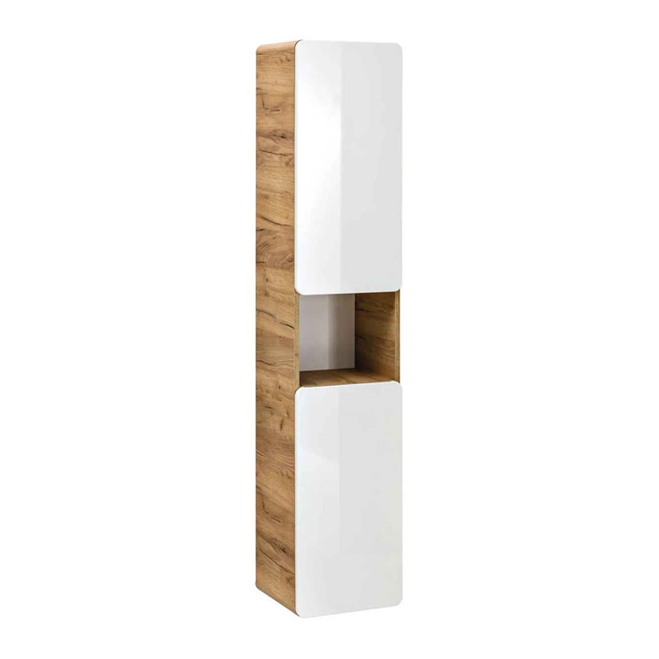 Aruba Modern Wall-Mounted Tall Bathroom Storage Cabinet – White / Oak Craft