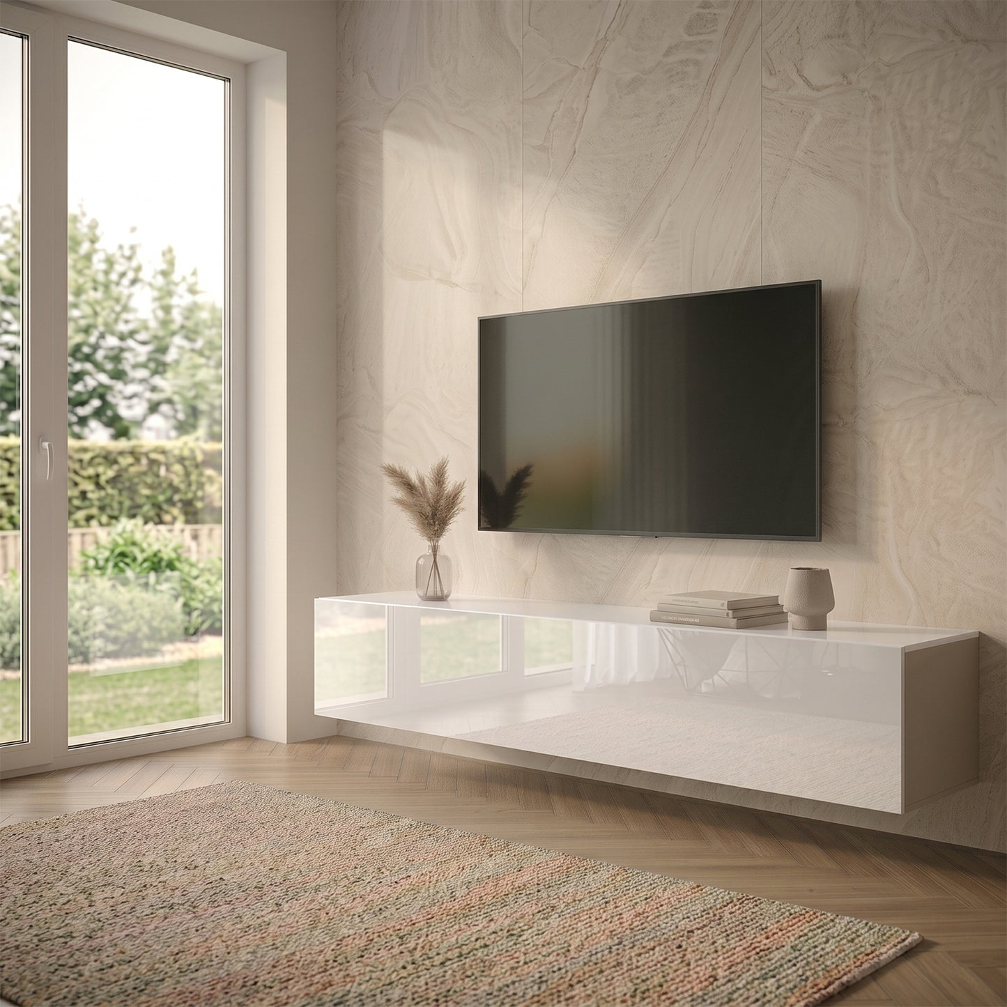 Joyce Wall Mounted TV Unit Modern Plain Gloss Finish 200cm - White Gloss