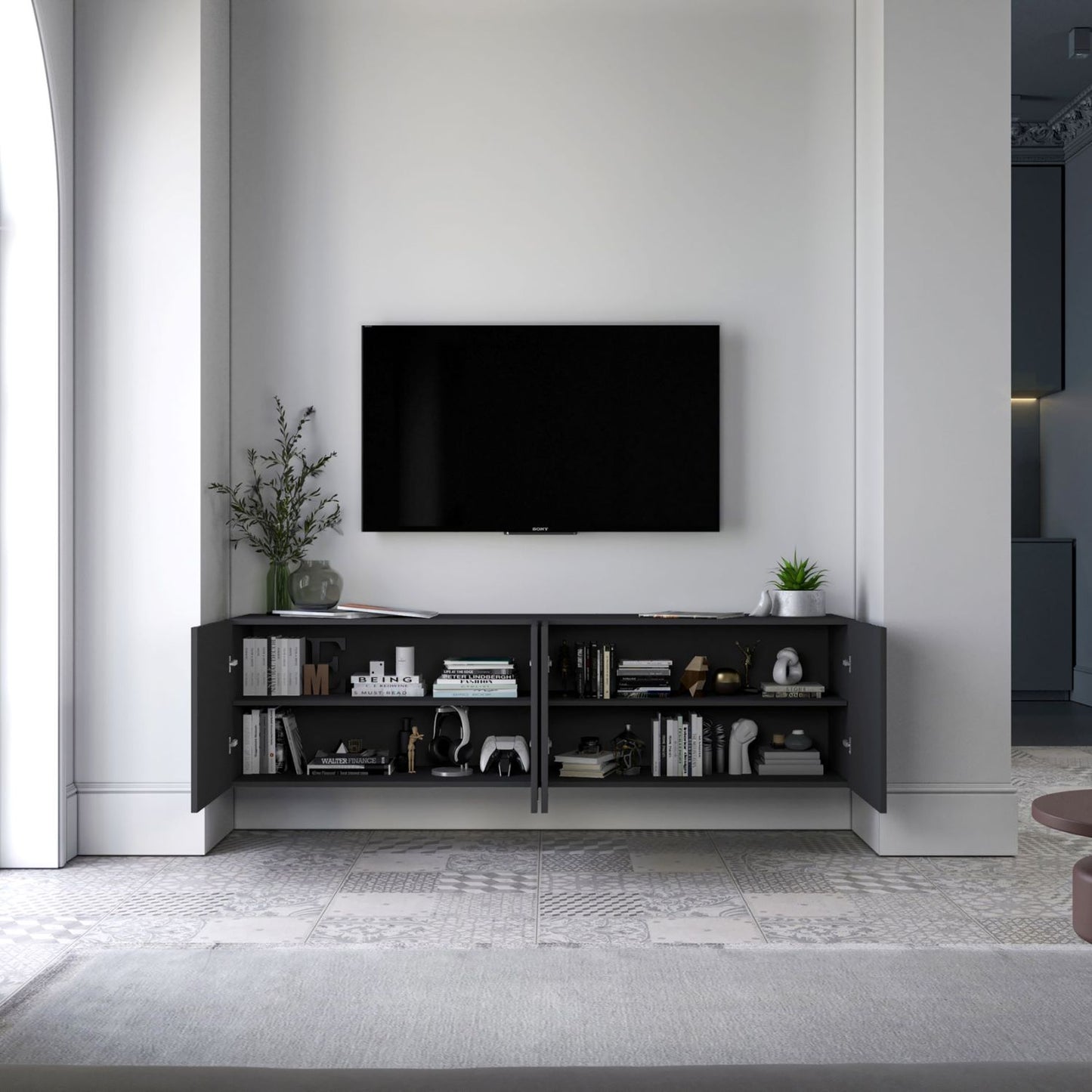 Elpis Glamour TV Cabinet Media Unit Extra Long 300 cm Wall Mounted - Black Matt