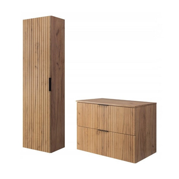 Flow Wall-Mounted 2 Bathroom Vanity Cabinets Set 80cm with Worktop - Gold Craft Oak