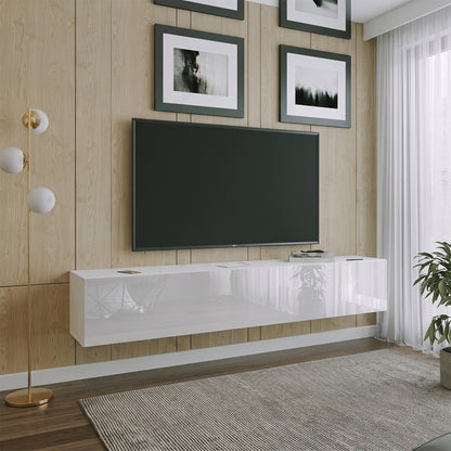 Joyce Wall Mounted TV Unit Modern Plain Gloss Finish 200cm - White Gloss