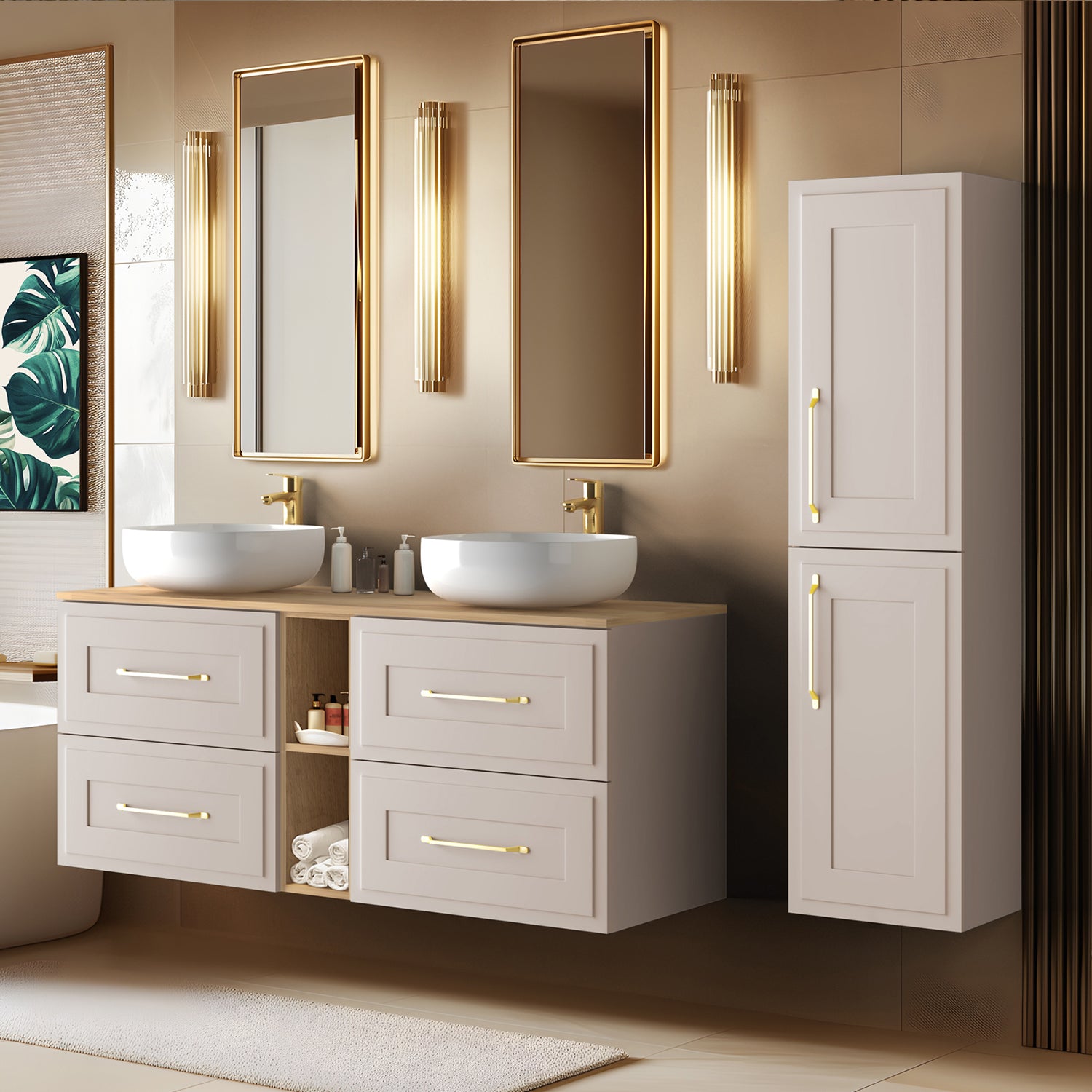 Classic 3 Cabinet Bathroom Vanity Unit Set 140cm with Tall Cabinet and Worktop - Cashmere / Oak