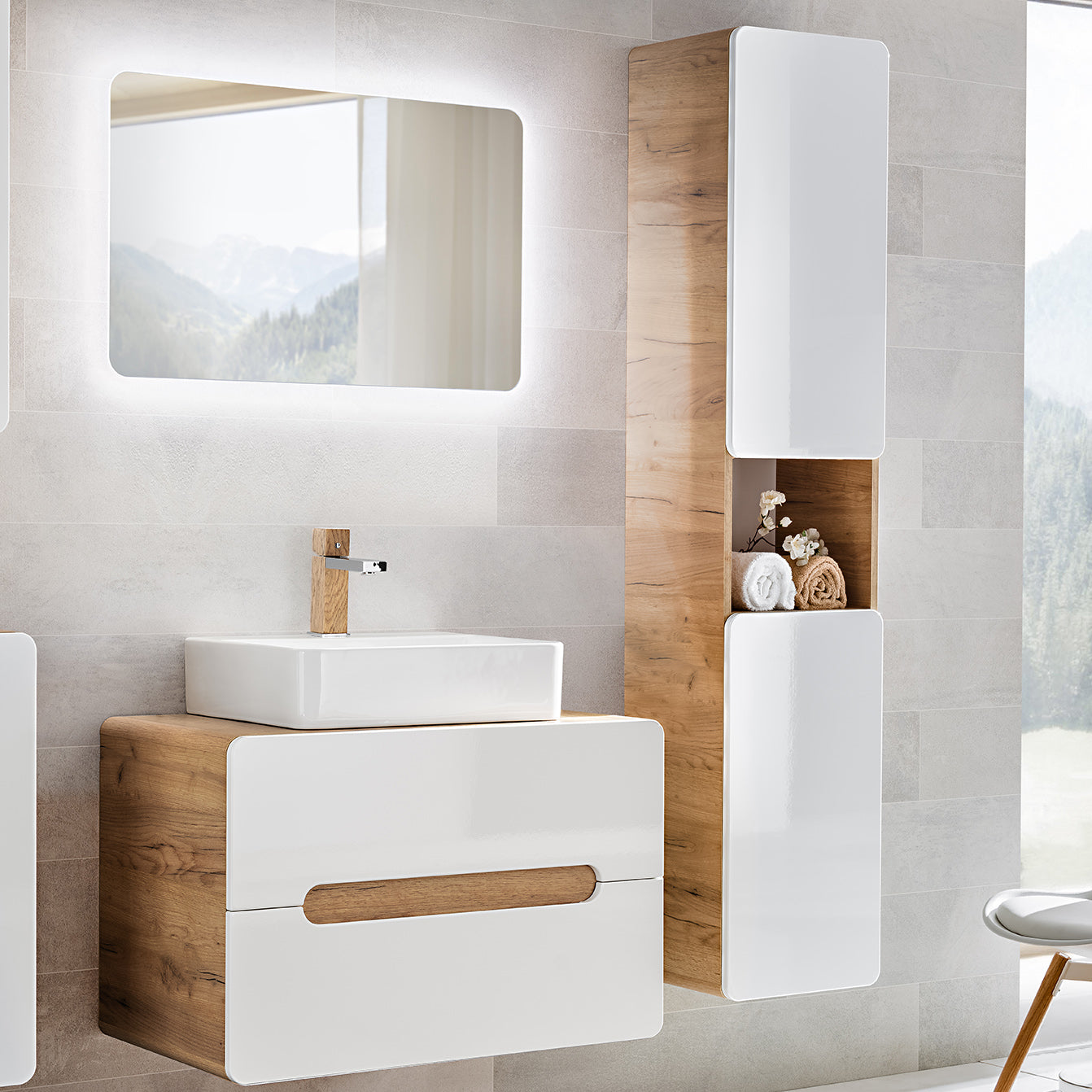 Aruba Modern Wall-Mounted Tall Bathroom Storage Cabinet – White / Oak Craft
